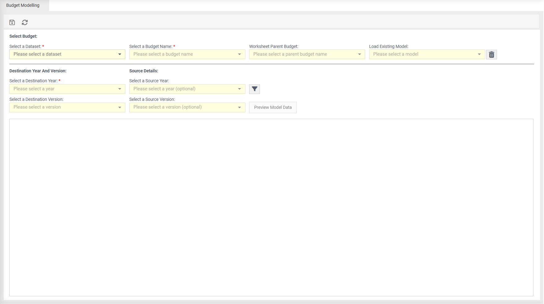 budget modelling screen overview